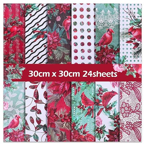 PUIKSXER Doppelseitiges Weihnachts-Scrapbook-Papier, 30,5 cm Weihnachtssterne Beere Stechpalmenmuster Papierblock 24 Blatt Rot Blumen Dekoratives Bastelpapier für Kartenherstellung Fotoalbum Party
