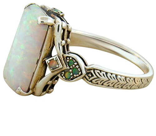 HERSIL Luxury Square White Opal Antique Silver Women's Engagement Toothless Laye Heart Anxiety Ring (White, 9)
