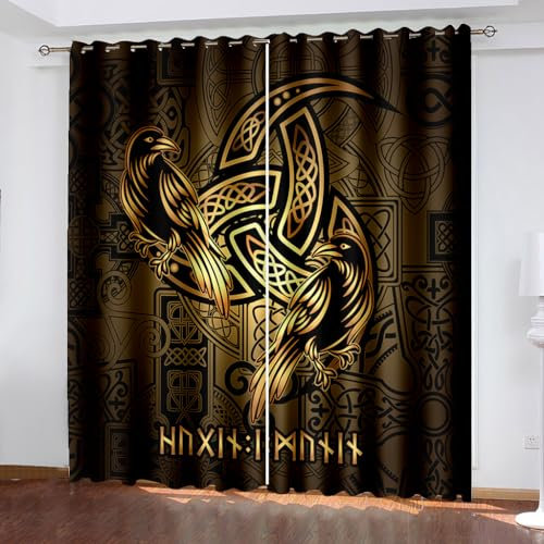 WIKINGER Gardinen ösenschal 2er Set B 220 X H 215 cm 3D Rabe Vorhang Blickdicht Kälteschutz Schallschutz Verdunkelung Wärmeisolierende Vorhänge für Wohnzimmer Schlafzimmer