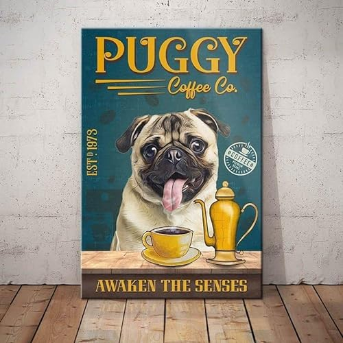 Metallschilder Mops, Hund, Coffee Company, Erwachen Sie die Sinne, Vintage-Schilder, Retro-Aluminiumschild für Zuhause, Café, Küche, 20,3 x 30,5 cm