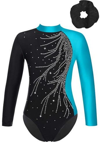 Oyolan Mädchen Langarm Gymnastikanzug Kinder Turnanzug mit Rundhals Pailletten Turnbody Gymnastiktrikot Turntrikot Gr.116-176 M See Blau & Schwarz 122-128