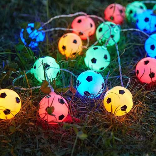 Danolt 3m Fußball Lichterkette und 10 Blätter Leuchttattoos Fußball Lichterkette Außen Farbe mit 20 Cotton Ball Fussball Deko Geburtstag Kinder Blinkend Wasserdicht Lichterkette Kugeln
