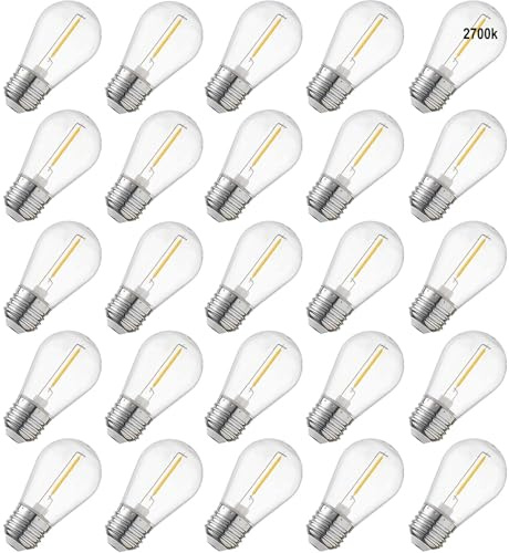 abulber S14 LED Bulbs for Outdoor String Lights, Shatterproof Waterproof Clear Plastic Cafe Light Bulbs, 1 Watt to Replace 11 Watts Incandescent Bulb, 120V 2700K E26, Warm White, 25 Pack