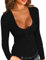 Fisoew Camiseta de manga larga con cuello profundo para mujer, camiseta de Henley sexy de algodón con botones., Negro , L