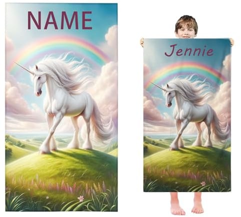 Fadaing Personalisiert Einhorn Strandtuch Mit Namen, Personalisierte Handtuch Badetuch Mit Namen Mikrofaser Strandtuch Groß 100x200cm Badetuch Cartoon Einhorn Für Kinder (70 x 140 cm,1)