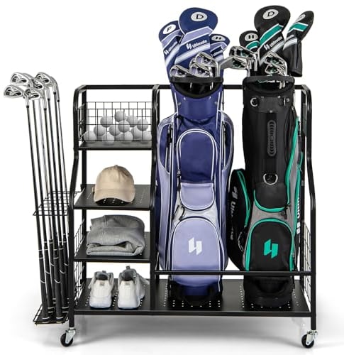 COSTWAY 4 in 1 Golf Organizer, Golfschläger-Organizer mit Rollen, für 2 Golftaschen & Golf-Zubehör, Golftaschenregal mit Haken & Korb für Golfbälle & 3 Ablagen aus Metall, 110 x 41 x 97 cm