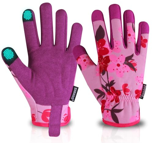 SAWANS Gants de jardinage pour femmes, hommes et femmes, écran tactile, gants de jardinage pour l'élagage des roses, respirants, confortables, en cuir microfibre, cadeaux de jardinage (Rose, M)