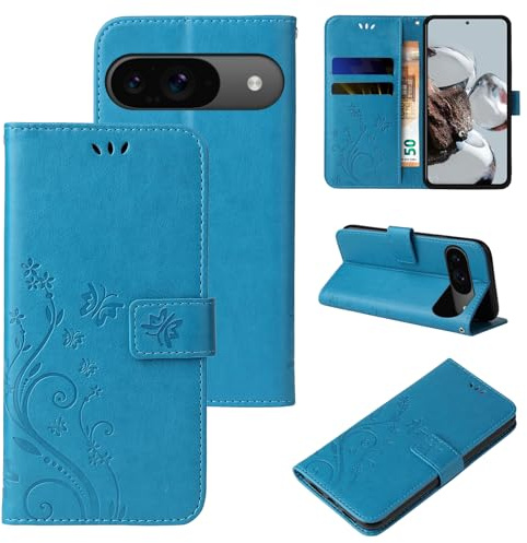 LBH Handy Hülle für Google Pixel 9/9 Pro Case Handytasche Schmetterling Blumen Flower Standfunktion Schutzhülle Magnet Rundum Schutz 360 Grad Flipcase Cover Blau