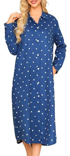 MIA LUCCE Chemise de nuit à manches longues en flanelle pour femme, Bleu foncé à pois, L
