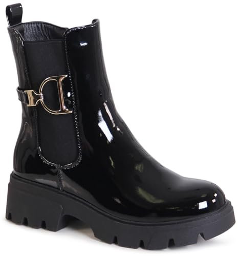 topschuhe24 3110 Damen Plateau Stiefeletten Lack Chelsea Boots, Farbe:Schwarz, Größe:39 EU