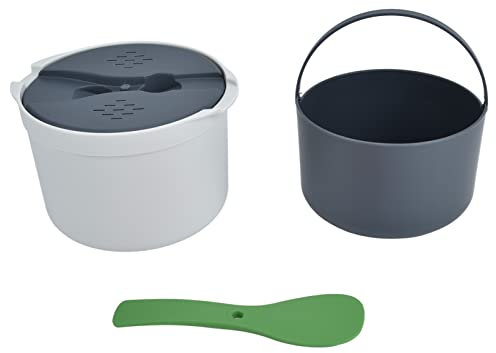 Olla Arrocera para Microondas, Material PP de Calidad Alimentaria, Capacidad de 2L, Tapa de Cuchara de Arroz, Colador, Juego de Olla Humeante, Adecuado para Utensilios de Cocina