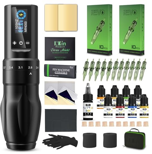 INKin Tattoo Gun Kit, Soultats Wireless Machine Pen with 2.0mm - 4.0mm Adjustable Stroke Length and 1600mAh Power Supply, Complete Set with Mixed Revo Cartridges Needles and 8Pcs Tattoo Ink