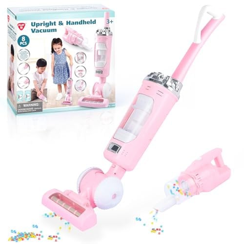 PLAY 2 en 1 Aspiradora Juguete Set, Aspiradora Niños con Partículas de EVA, Efecto de Succión y Sonido Realista, Set de Electrodomésticos Juguete para Niños 3+ Años (Rosa)