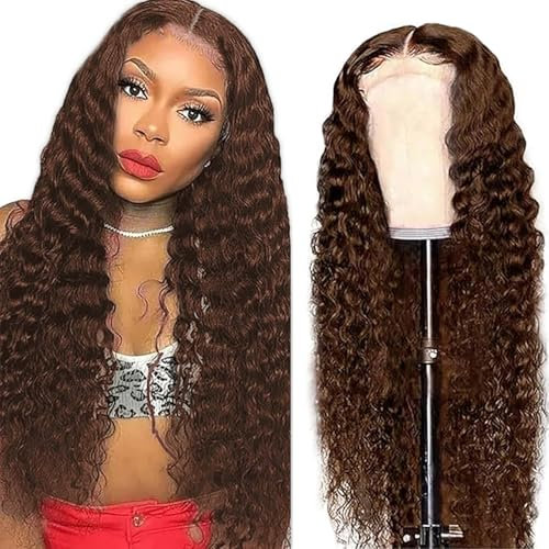 Weeybay Echthaar Perücke Deep Wave Human Hair Wig Glueless Wear and Go 4X1 Lace Closure PerüCken Damen with Baby Hair Bleached Knot Chocolate Brown Color for Woman 24 Zoll