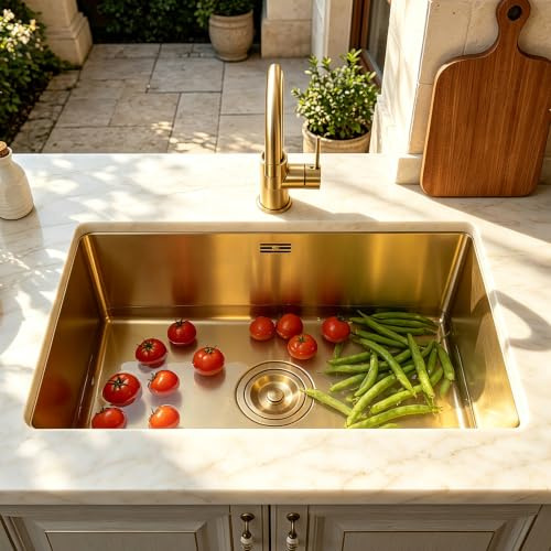 HZKSINNK Éviers De Cuisine, Évier Simple Golden Bar, Évier De Cuisine/salle De Bain Carré En Acier Inoxydable Doré, Évier Nano/préparation Avec Kit De Vidange, Facile À Nettoyer, À Encastrer Sous Plan