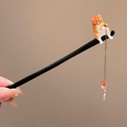 Palillos de madera para el pelo, palillos de pelo de estilo chino, palo de madera de sándalo negro con diseño de gato, horquilla de madera para mujeres antiguas (estilo 3)