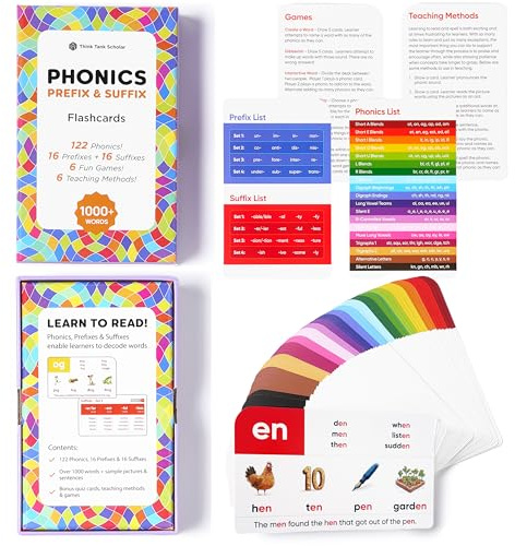 Think Tank Scholar 1000+ Words Phonics Flash Cards + Prefixes & Suffixes (Award Winning) 122 Phonics, 6 Teaching Methods & 6 Fun Games – Preschool, Kindergarten 1st, 2nd, 3rd Grade Homeschool Ages 4-8