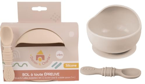 DORON & CHARLIE - Bol Ventouse Avec Cuillière 2 en 1 - Repas Enfant - 056752 - Beige - Silicone - 350 ml - Compatible Micro Onde - Machine à Laver - Facile à Nettoyer - Bol Bébé - À Partir de 4 mois