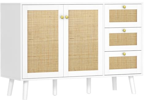 Skokliz Rattan Sideboard Kommode, Weiß Aufbewahrungsschrank mit 2 Rattan Türen und 3 Schubladen für Esszimmer, Küche und Wohnzimmer, Küchenbuffet mit Verstellbares Regal Sideboard,120x40x82cm