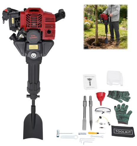 Wiefiche Excavadora de gasolina de 2 tiempos, 52 CC, 1900 W, 2 en 1, portátil para jardín, 1500 times/min, frecuencia de impacto, martillo de demolición con pala, pico y pico plano (capacidad de 1,3 L