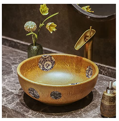 Vintage Ceramic Vessel Sink, Vintage Vessel Sink,Above Counter Ceramic Sink Bowl Art Basin with Faucet Pop-Up Drain,Orange