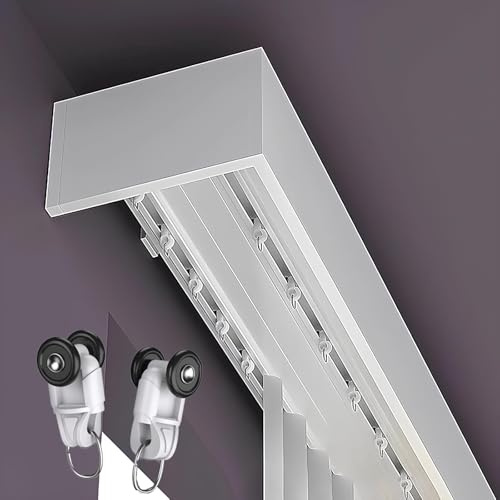 2-läufig Vorhangschiene mit Blende, 3-in-1- Gardinenschiene, Deckenmontage/Wandmontage, Vorhangkästen für Über Fenstern, Komplettes Zubehör und Röllchen(Ceiling,1.2m)