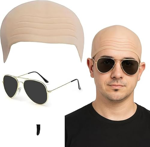 HTGWCG 3 Stücke Latex Glatze Maske Glatzkopf Kappen Set, Schwarze Sonnenbrille, schwarzer Seelenaufnäher, Fancy Kleid Cosplay Hut Kostüm Zubehör für Halloween Kinder Erwachsene