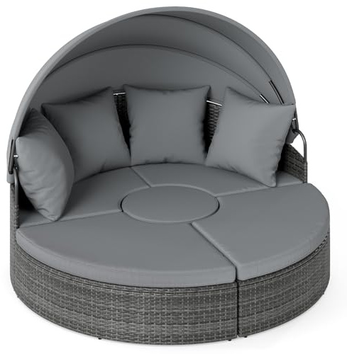 COSTWAY Lit de Jardin Rond en Rotin PE avec Auvent Rétractable, Ensemble de Canapé Sièges Séparés Charge 180KG Coussins Amovibles et Table Basse, pour Jardin Piscine Arrière-Cour (Gris)
