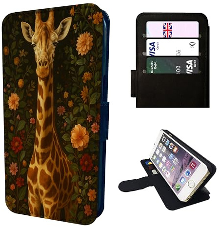 Giraffe Vintage Floral Wallet Phone Case – Compatible with iPhone SE, 7, 8, X, XR, 11, 12, 13, 14, 15, 16 & 16E (Plus, Mini, Pro, Max Models) – Faux Leather Flip Cover with Card Slots – Animal
