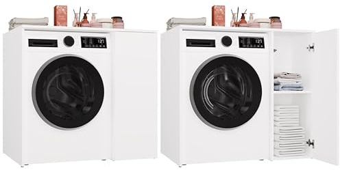 BDW - Waschmaschinenschrank - Waschmaschinenumbauschrank - 95 x 64 x 88,5 cm - mit seitlichem Schrank mit Tür & 2 geräumigen Regalböden - Leichtes Öffnen Dank Tip ON System, Universal - Pola Weiß