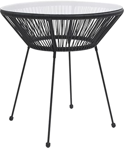 Teenpull Garten-Esstisch Schwarz, Ø70x74 cm, Rattan und Glas, runder Outdoor Dining Table mit Hartglasplatte, pulverbeschichtetes Stahlgestell, wasserbeständig für Balkon, Terrasse