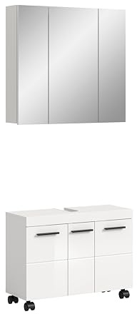 xonox.home – Badkombination Nova 82x191x30 cm in weiß Hochglanz – 2-teiliges Set bestehend aus Waschbeckenunterschrank auf Rollen & Spiegelschrank – Viel Stauraum, geradlinig & hochwertig verarbeitet