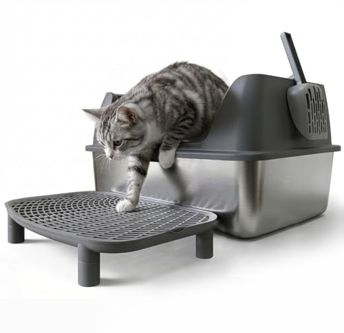 LEEJARD XL Katzenklo Edelstahl 60x40x25 cm mit Schaufel und Pedal, Offen Katzentoilette mit Deckel & Hohem Rand für Große Katzen, Spritzsicher & Einfach zu Reinigen Metall-Katzenklo