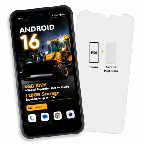 JCB Toughphone E50 Rugged Smartphone 5G Android 16 + Tempered Glass Screen Protector Bundle | 6GB RAM 128GB, NFC, 5000mAh Battery, Wireless & Fast Charging, IP68 IP69K Waterproof, MIL-STD-810H