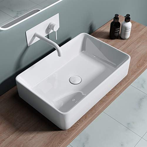 Durovin Bathrooms 580x380x130mm Ceramic Bathroom Basin - Countertop Sink Vessel - Rectangular Slim Edge Washing Bowl Upright Wall Flat Bottom
