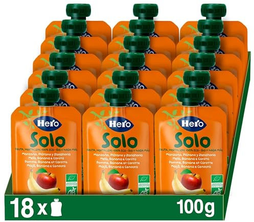 Hero Solo - Gourde Bio De Pomme, Banane Et Carotte - Puree de Fruits BIO 100% Naturels, Compote Sans Sucre Ajouté - pour Bébés Dès 4 Mois - Lot de 18 X 100 g