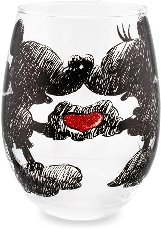 Silver Buffalo Disney Mickey e Minnie - Bicchiere da vino classico senza stelo con cuore glitterato, 590 ml