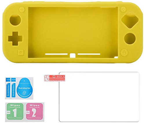 Kafuty Coque de Protection légère en Silicone trempé et Protection d'écran en Verre trempé pour Console Switch Lite avec Film trempé Haute définition 9H.(Jaune)