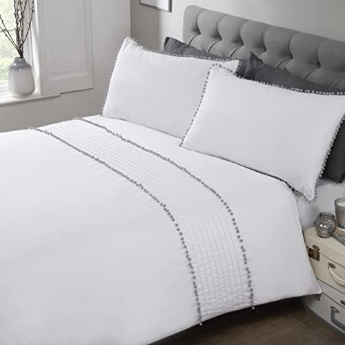 Rapport Pompom Duvet Cover Bed Set, White/Grey/Silver, Double