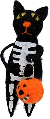 Gisela Graham Wool Skeleton Cat with Pumpkin Decoration