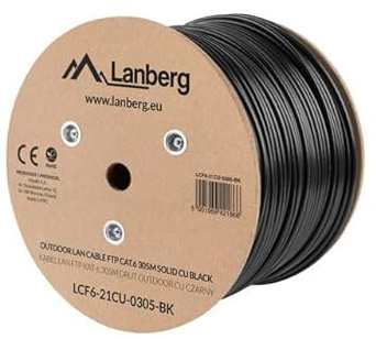 LANBERG BOBINA Câble réseau Ethernet CAT.6 extérieur FTP RJ45 SOLIDO COBRE TESTED AWG24 305M NEGRO