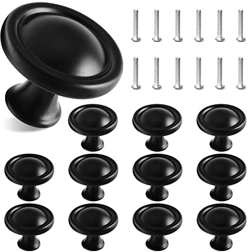 Juibao Black Cabinet Door Knob, Mushroom Drawer Knob, Single Hole Round Drawer Pull Handle with Matching Screws, Dia. 1.2 Inch/30mm Aluminum Alloy, Pack of 12