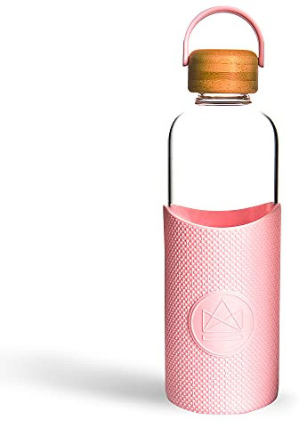 Neon Kactus - Botella de Vidrio de Borosilicato Soplado a Mano con Tapón de Bambú, Botella de Cristal con Funda de Silicona para Uso Alimentario, Botella Reutilizable sin Plástico, 550 ml