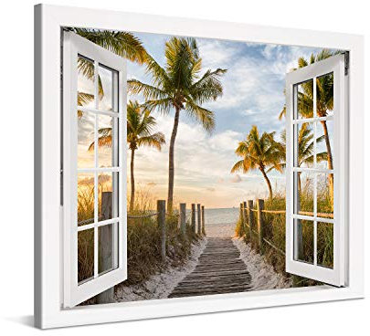 PICANOVA – Stampa Su Tela Percorso Verso il Mare con le Palme Finestra 100x75cm – Quadro su Tela Moderno Incorniciato con Spessore di 2cm – Foto Decorazione da Parete Come Dipinto – Collezione Spiagge
