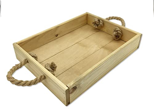 DARO DEKO Holz Tablett mit Seil-Griffen Natur braun 28 x 38cm Flache Kiste