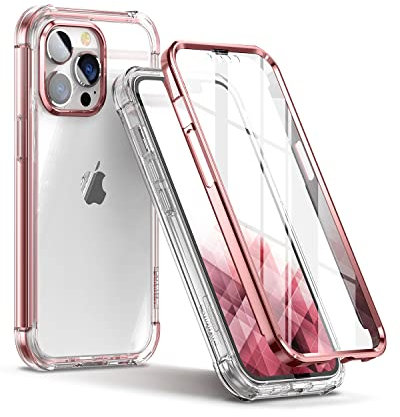 SURITCH Clear Case for iPhone 13 Pro 2021,【Built in Screen Protector】 Shockproof 360 Full Body Protection Hard Shell + 4 Corners Soft TPU Rubber Bumper Cover 6.1 inches - Rose Gold