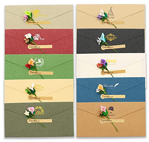 BITEYI 10 Stück Vintage Kraftpapier Umschläge mit Grußkarten Handgefertigte Getrocknete Blumen und Aufkleber,für Geburtstags Hochzeits Einladungen Postkarten Dankeskarten(Mehrfarbig)