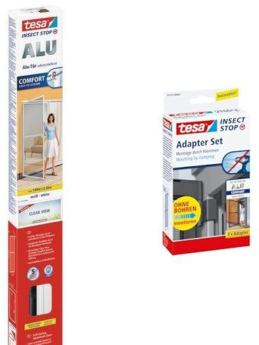 tesa Insect Stop ALU COMFORT zanzariera per porte - Zanzariera con cornice in alluminio e Clear View - Bianco, 100 cm x 220 cm + set di adattatori per zanzariera tesa Insect Stop