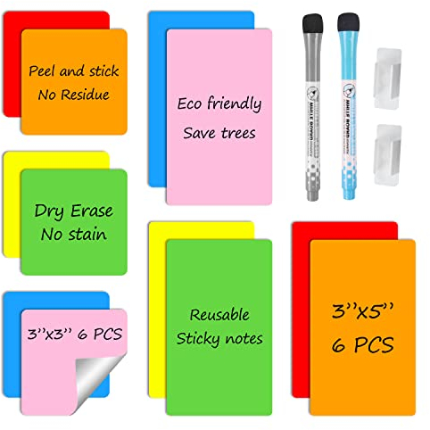 MVISUAL Bunte Trocken Abwischbare Haftnotizen 7,6 x 7,6 cm und 7,6 x 12,7 cm, Wiederverwendbare Haftnotizen, 6 Farben, 12 Stück, Wiederverwendbare Whiteboard Aufkleber,Abnehmbar,Waschbar
