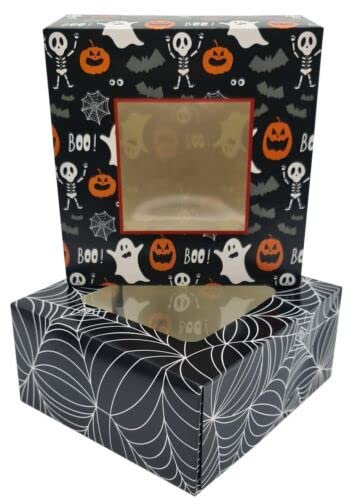 evelay Halloween Cupcake Boxes - Holds 4 Standard Cupcakes - Mixed Spooky Designs with Window & Inserts for Treats, Sweets and Chocolates (Pack of 12)